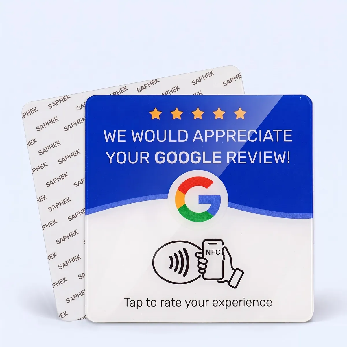 Saphek acrylic NFC Google review plate, front and adhesive back
