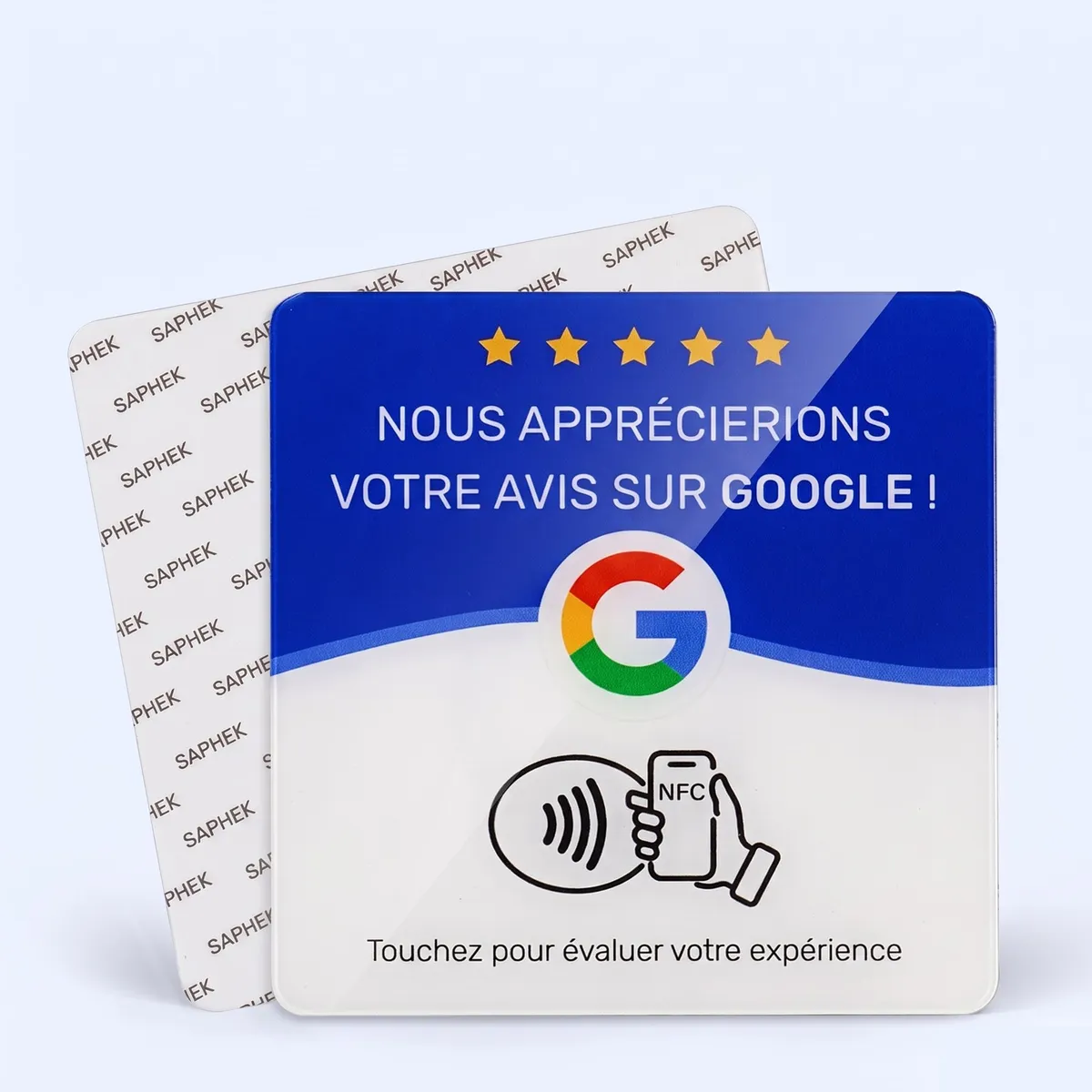Plaque NFC avis Google Saphek en acrylique, recto et dos adhésif