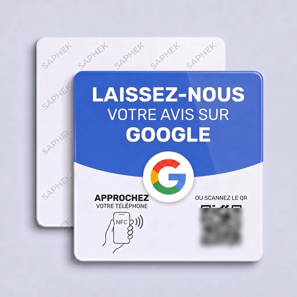 Plaque NFC avec QR code avis Google Saphek en acrylique