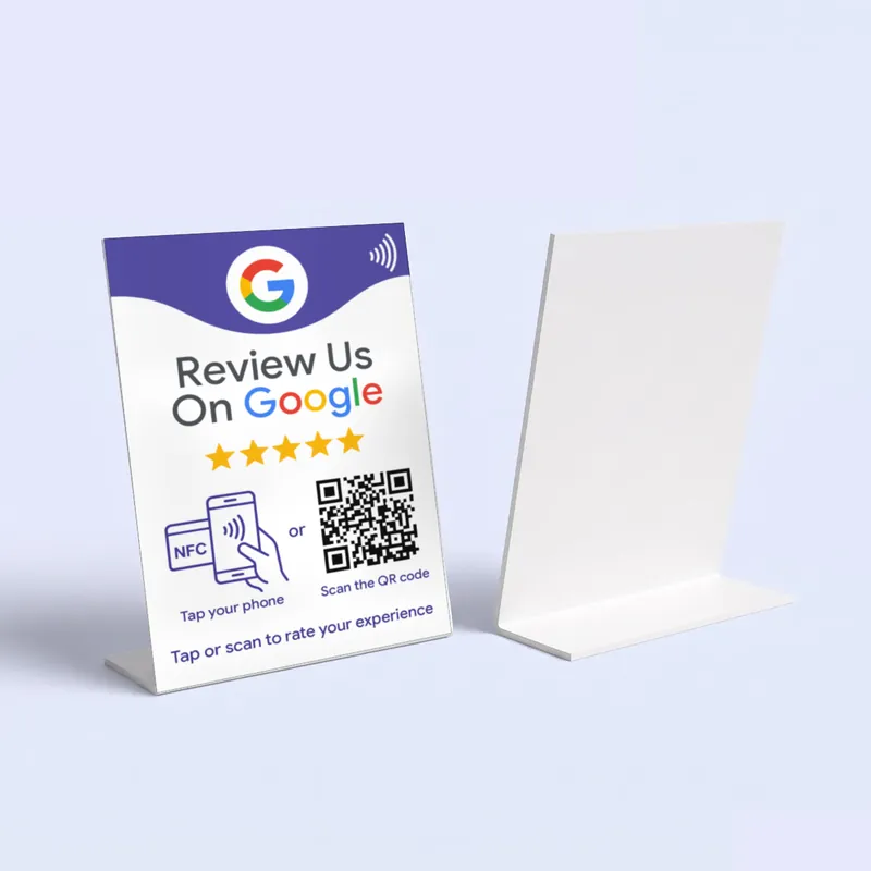 Saphek NFC stand with QR code for Google reviews, rigid PVC counter display (English)